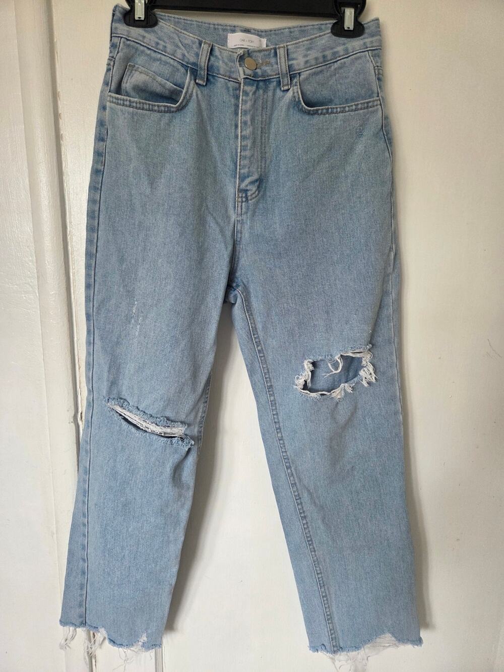 Oak + Fort Light Wash Distressed Straight Leg Jeans 27